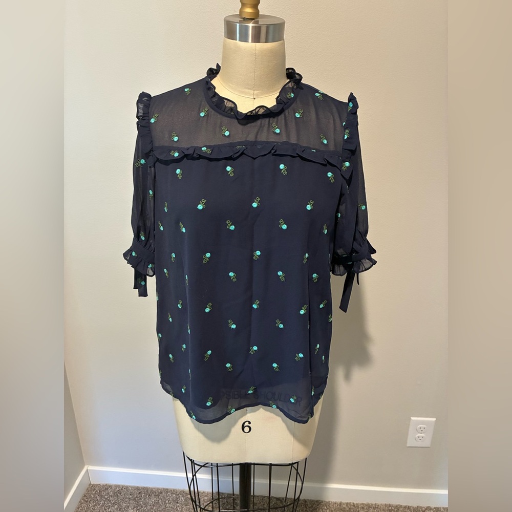 CeCe embroidered ruffle neck blouse